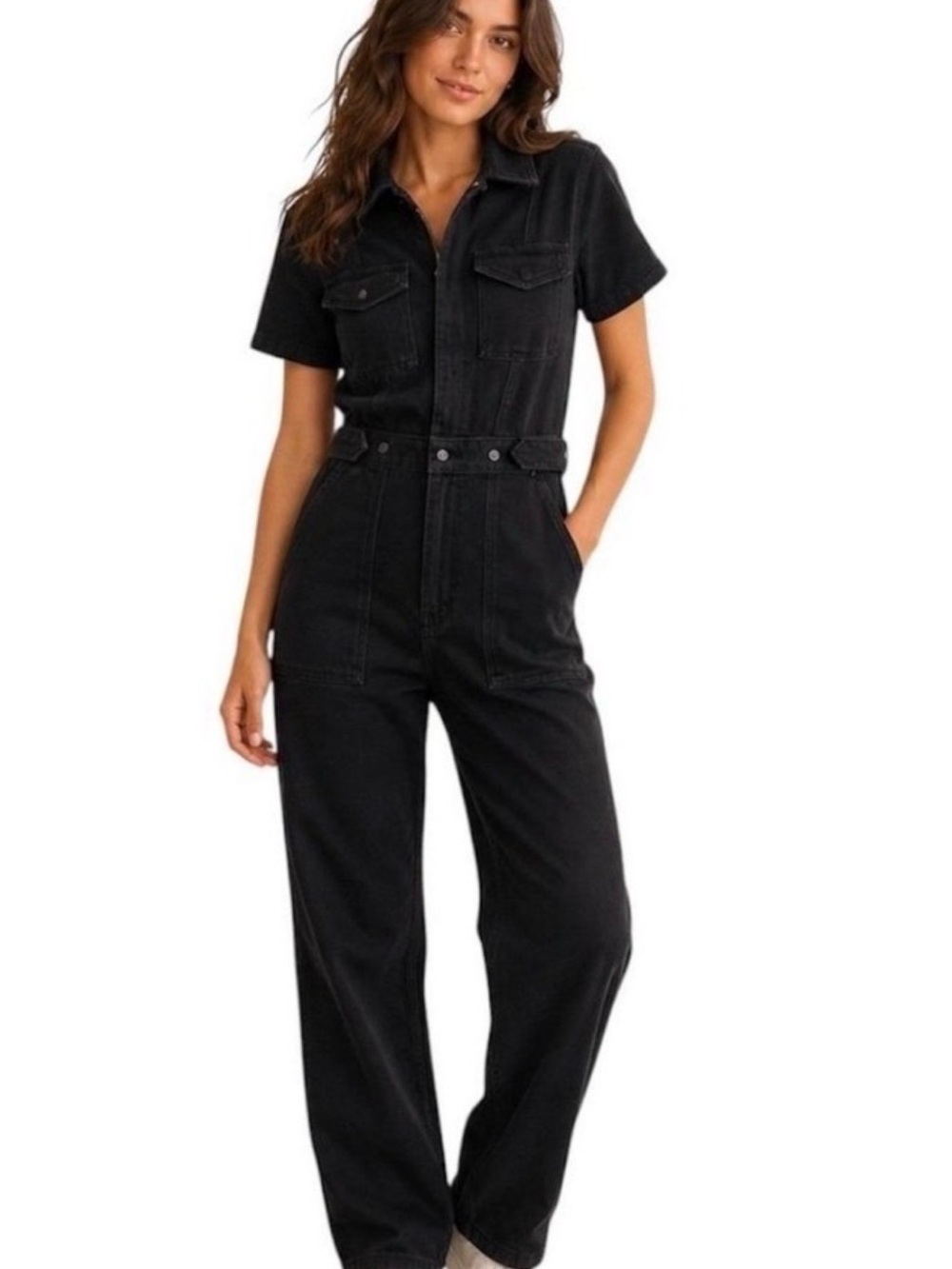 Good American Black Short-Sleeve Denim Jumpsuit